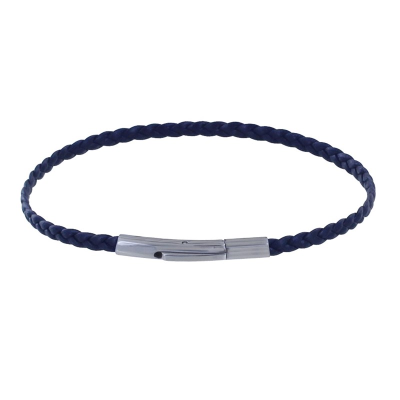 Bracelet Femme Tresse Plate en Cuir Mat Fermoir Clip Acier Inoxydable - Bleu Navy