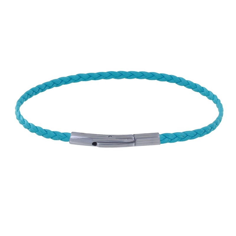 Bracelet Femme Tresse Plate en Cuir Mat Fermoir Clip Acier Inoxydable - Turquoise
