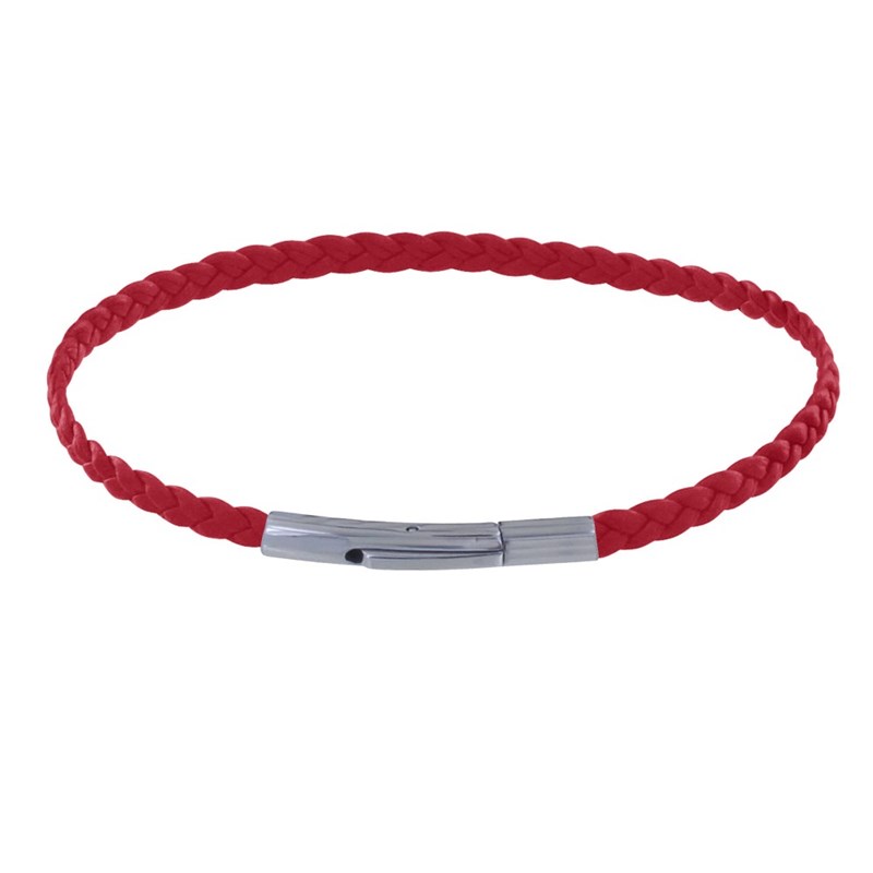Bracelet Femme Tresse Plate en Cuir Mat Fermoir Clip Acier Inoxydable - Rouge Foncé