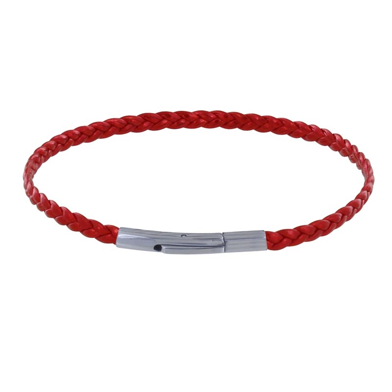Bracelet Femme Tresse Plate en Cuir Brillant Fermoir Clip Acier Inoxydable - Rouge