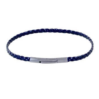 Bracelet Femme Tresse Plate en Cuir Brillant Fermoir Clip Acier Inoxydable - Bleu Navy