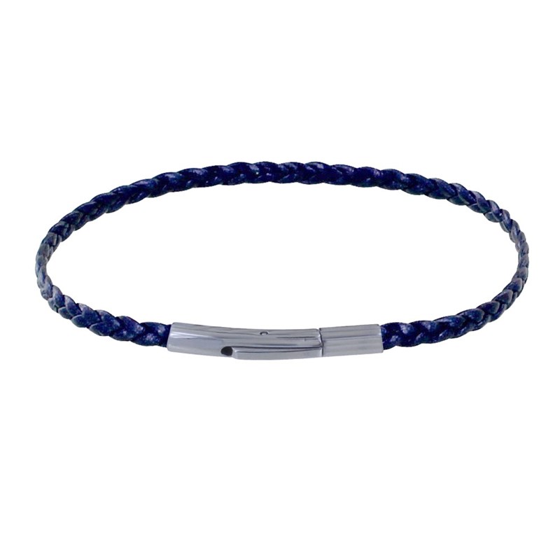 Bracelet Femme Tresse Plate en Cuir Brillant Fermoir Clip Acier Inoxydable - Bleu Navy