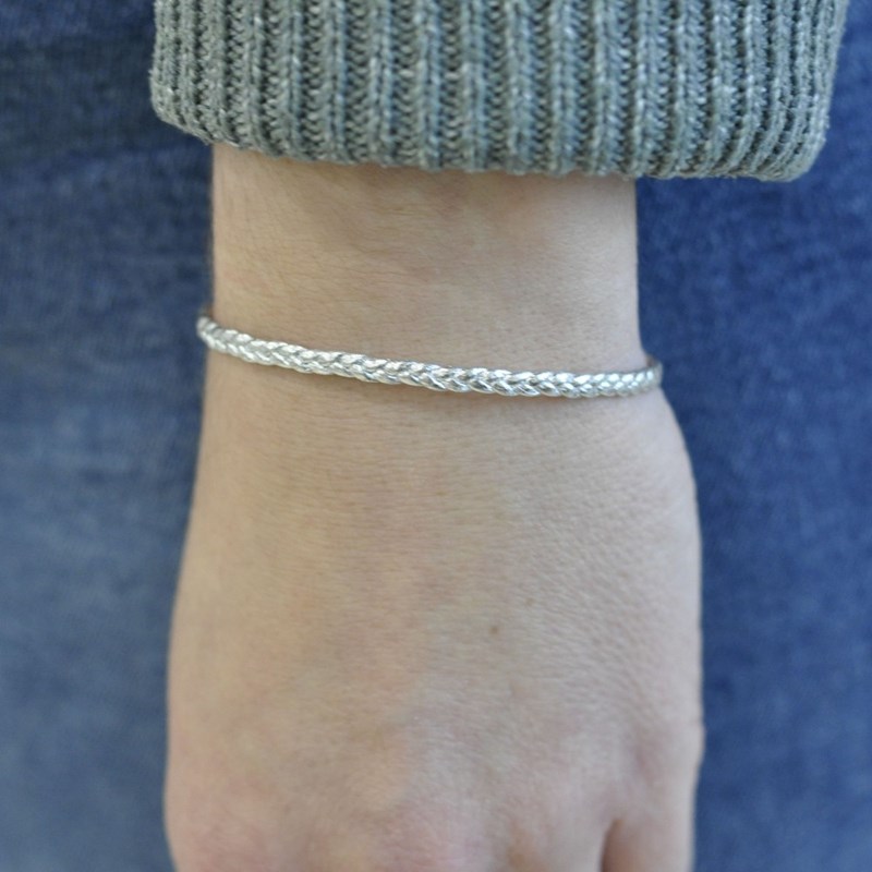 Bracelet Femme Tresse Plate en Cuir Brillant Fermoir Clip Acier Inoxydable - Bleu Navy - vue 3