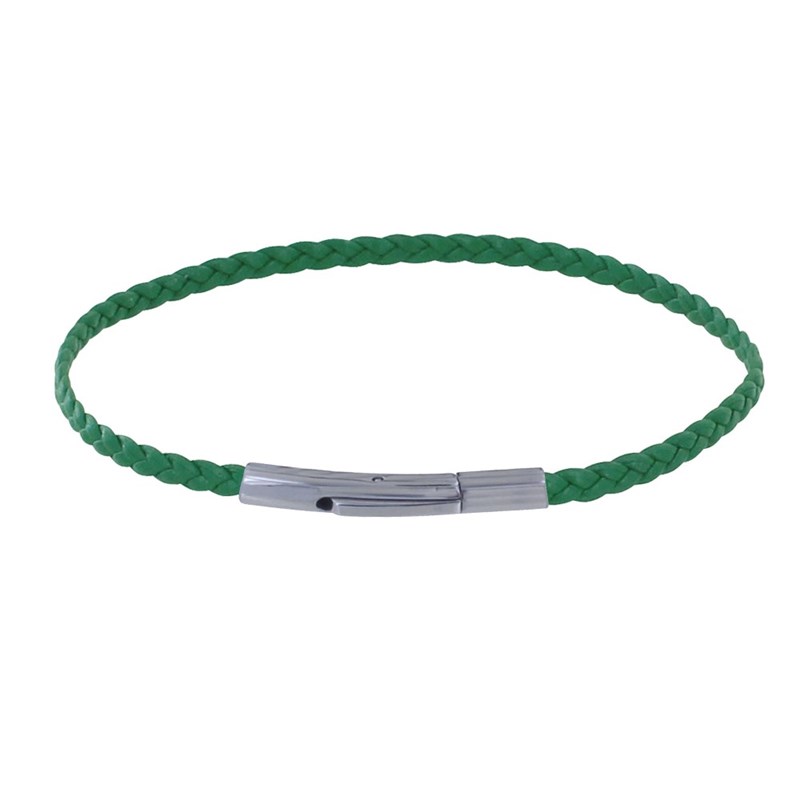 Bracelet Femme Tresse Plate en Cuir Mat Fermoir Clip Acier Inoxydable - Vert
