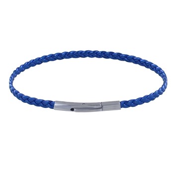 Bracelet Femme Tresse Plate en Cuir Brillant Fermoir Clip Acier Inoxydable - Bleu