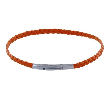 Bracelet Femme Tresse Plate en Cuir Mat Fermoir Clip Acier Inoxydable - Orange