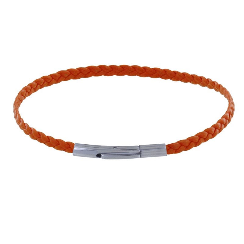 Bracelet Femme Tresse Plate en Cuir Mat Fermoir Clip Acier Inoxydable - Orange