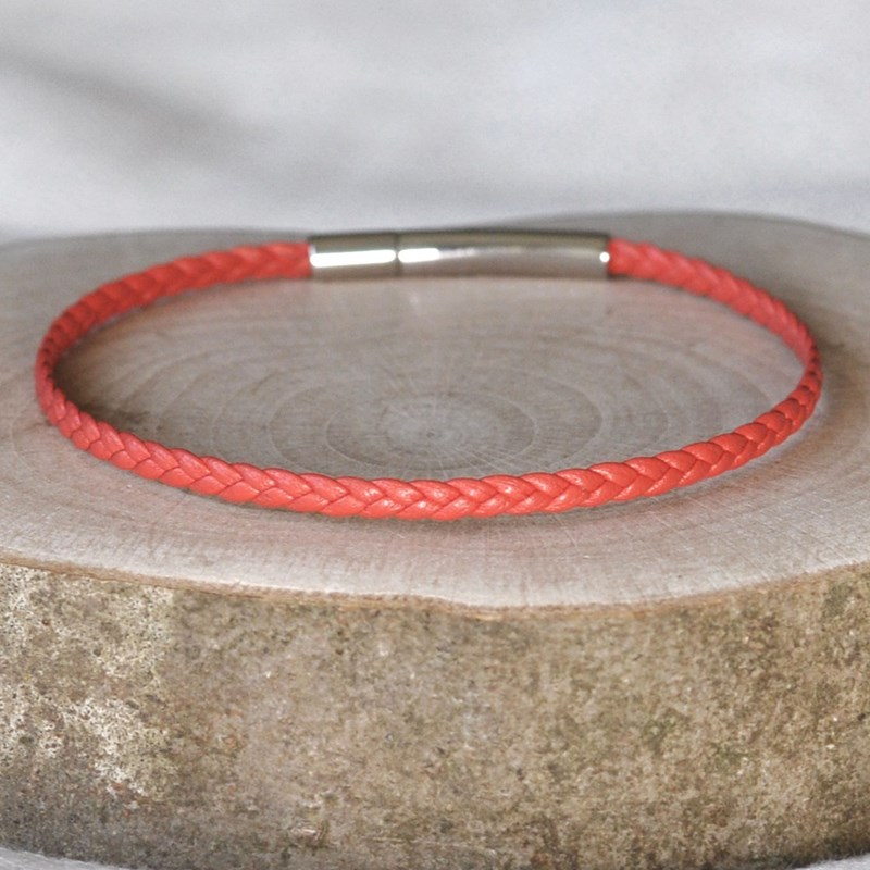 Bracelet Femme Tresse Plate en Cuir Mat Fermoir Clip Acier Inoxydable - Orange - vue 4