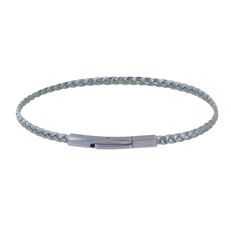 Bracelet Femme Tresse Plate en Cuir Brillant Fermoir Clip Acier Inoxydable - Gris argent