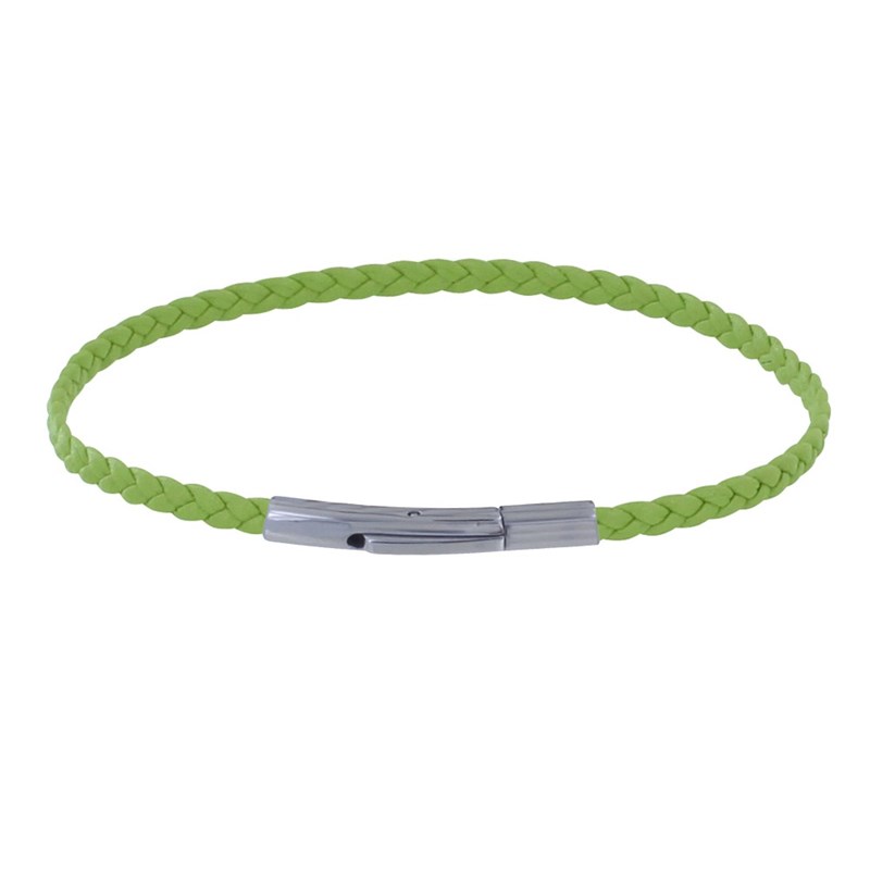 Bracelet Femme Tresse Plate en Cuir Mat Fermoir Clip Acier Inoxydable - Citron Vert
