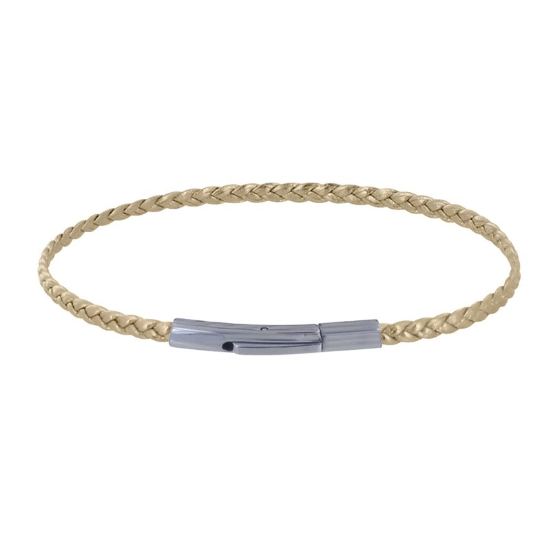 Bracelet Femme Tresse Plate en Cuir Brillant Fermoir Clip Acier Inoxydable - Or