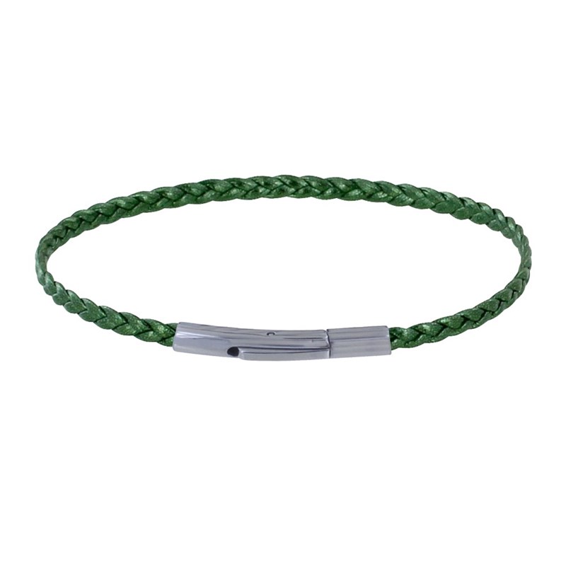 Bracelet Femme Tresse Plate en Cuir Brillant Fermoir Clip Acier Inoxydable - Vert kaki
