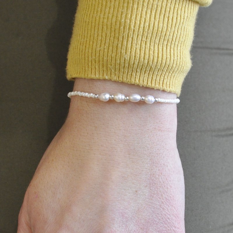 Bracelet Argent 925 4 Perles de Culture et Petites Perles Nacrées Blanches - vue 2