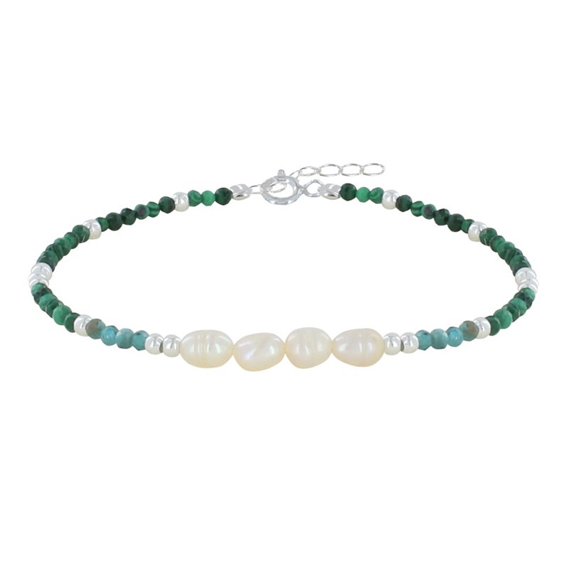 Bracelet Argent 925 4 Perles de Culture Blanches et Perles Facettées de Malachite et Apatite