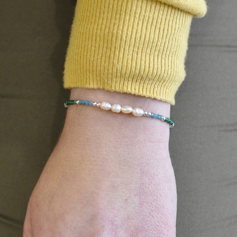 Bracelet Argent 925 4 Perles de Culture Blanches et Perles Facettées de Malachite et Apatite - vue 2