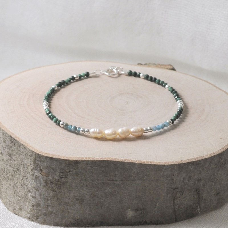 Bracelet Argent 925 4 Perles de Culture Blanches et Perles Facettées de Malachite et Apatite - vue 3
