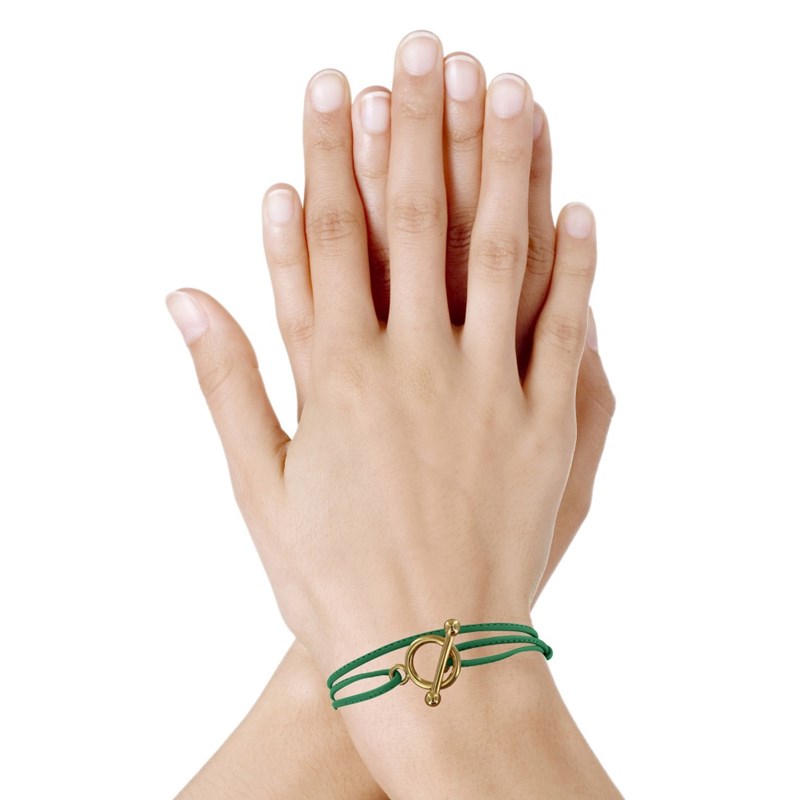 Bracelet Double Tour Plaqué Or Fermoir T et Lien en Cuir Coulissant - Vert Clair - vue 2