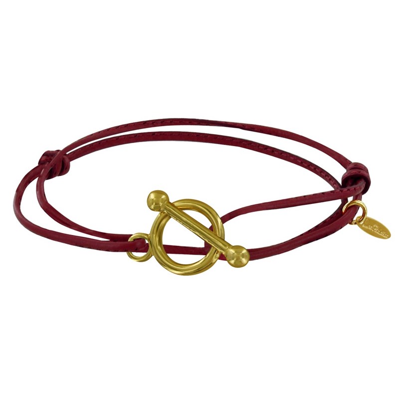 Bracelet Double Tour Plaqué Or Fermoir T et Lien en Cuir Coulissant - Bordeaux