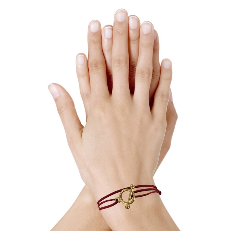 Bracelet Double Tour Plaqué Or Fermoir T et Lien en Cuir Coulissant - Bordeaux - vue 2