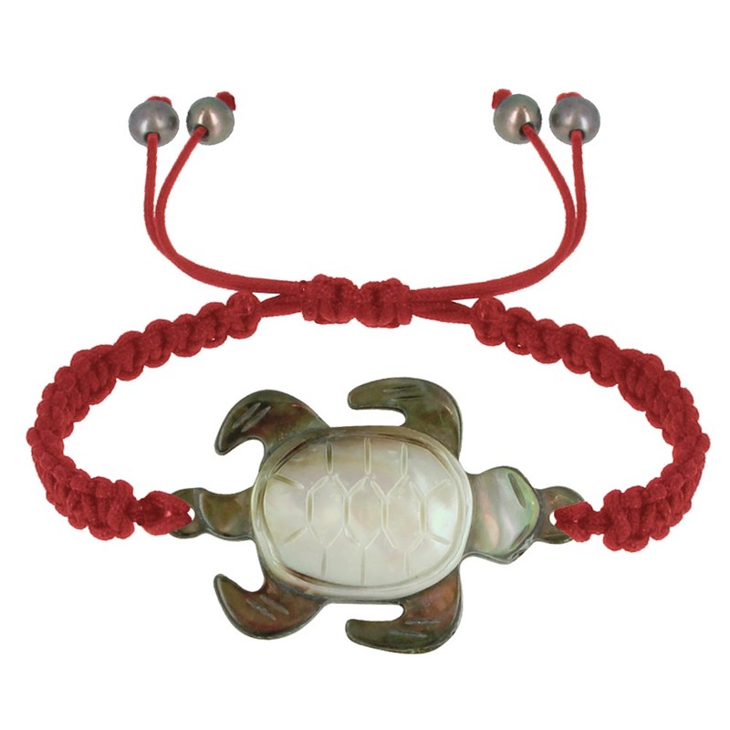 Bracelet Tortue Nacre Grise Lien Tréssé - Rouge