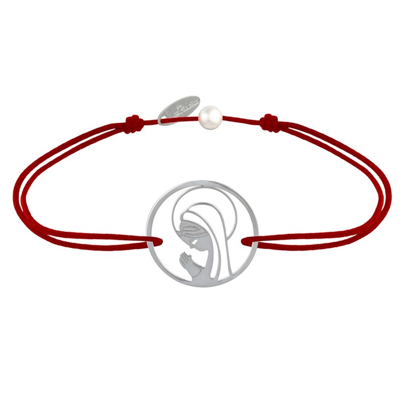 Bracelet Lien Argent 925 Médaille Ronde Ajourée Vierge en Prière - Rouge