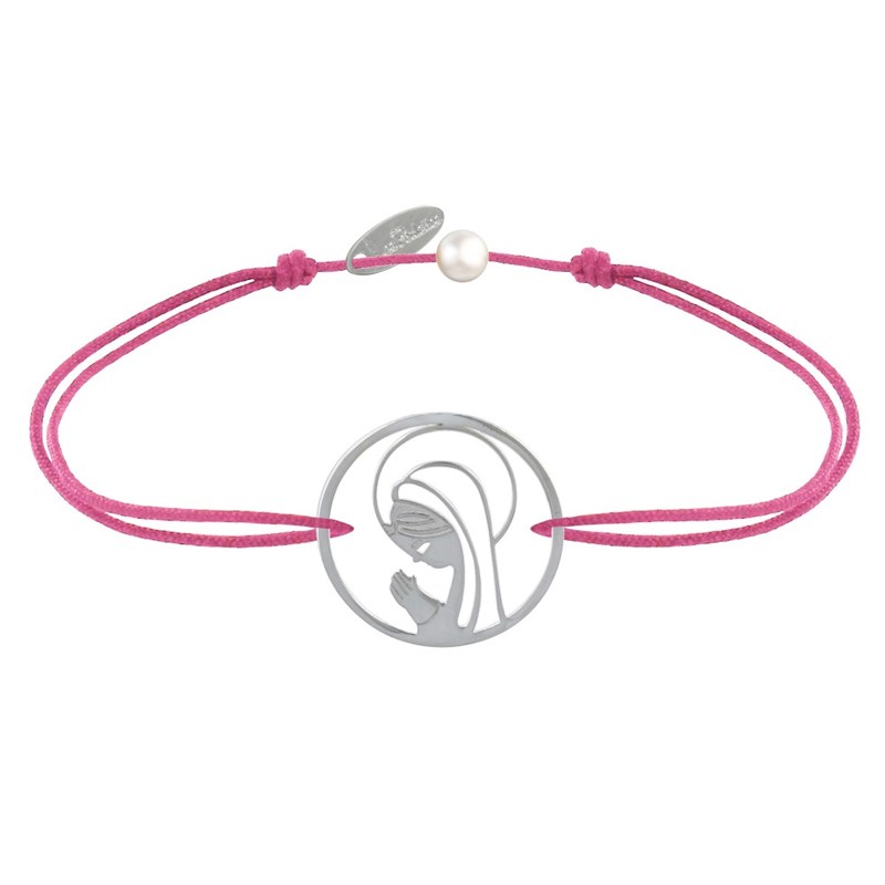 Bracelet Lien Argent 925 Médaille Ronde Ajourée Vierge en Prière - Fuchsia