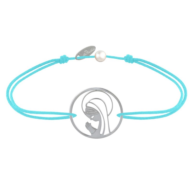 Bracelet Lien Argent 925 Médaille Ronde Ajourée Vierge en Prière - Turquoise