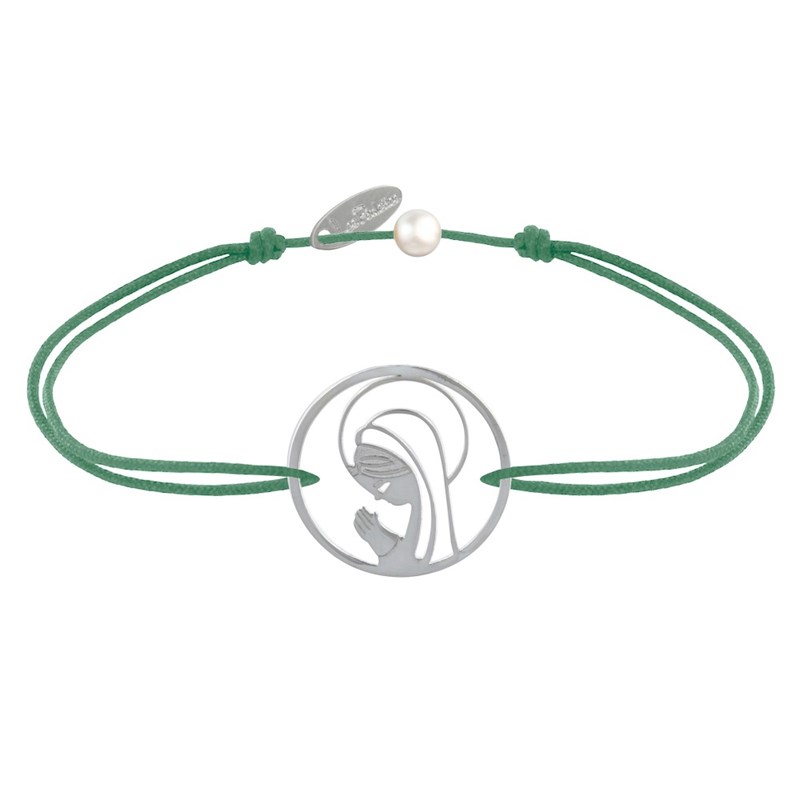 Bracelet Lien Argent 925 Médaille Ronde Ajourée Vierge en Prière - Vert
