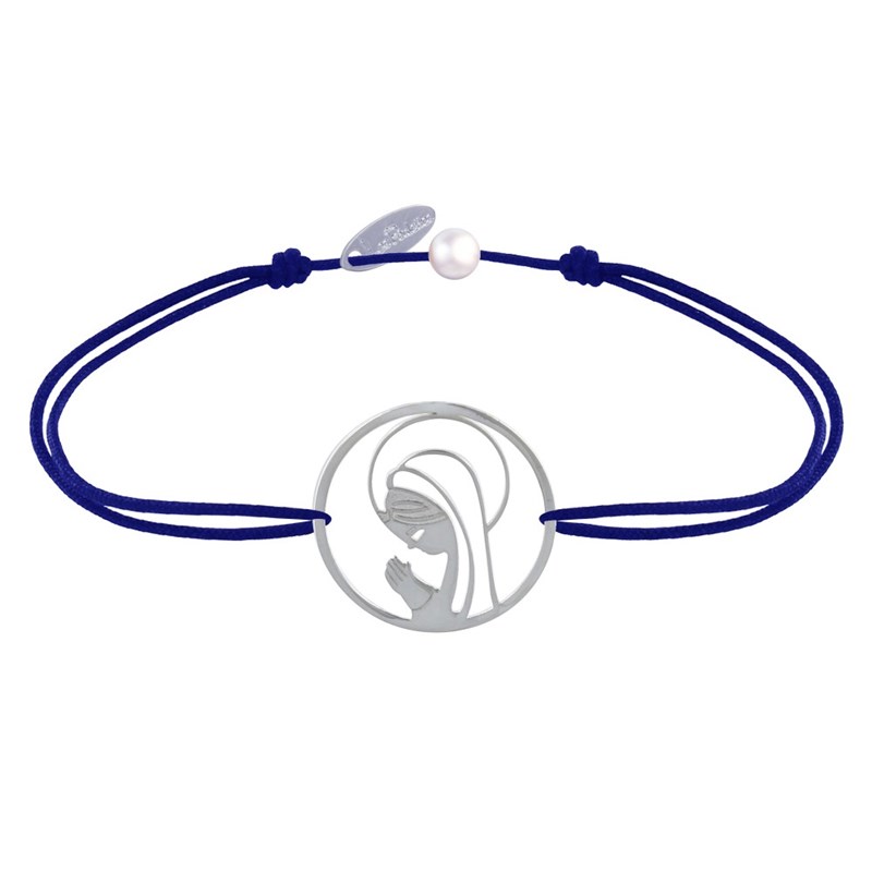 Bracelet Lien Argent 925 Médaille Ronde Ajourée Vierge en Prière - Bleu Navy