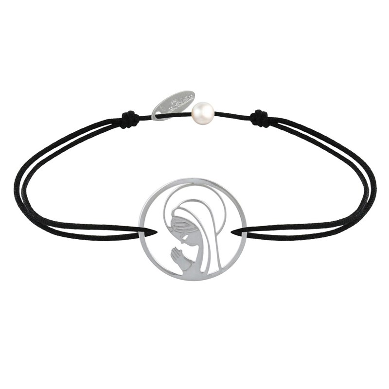 Bracelet Lien Argent 925 Médaille Ronde Ajourée Vierge en Prière - Noir