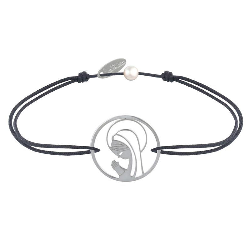 Bracelet Lien Argent 925 Médaille Ronde Ajourée Vierge en Prière - Gris