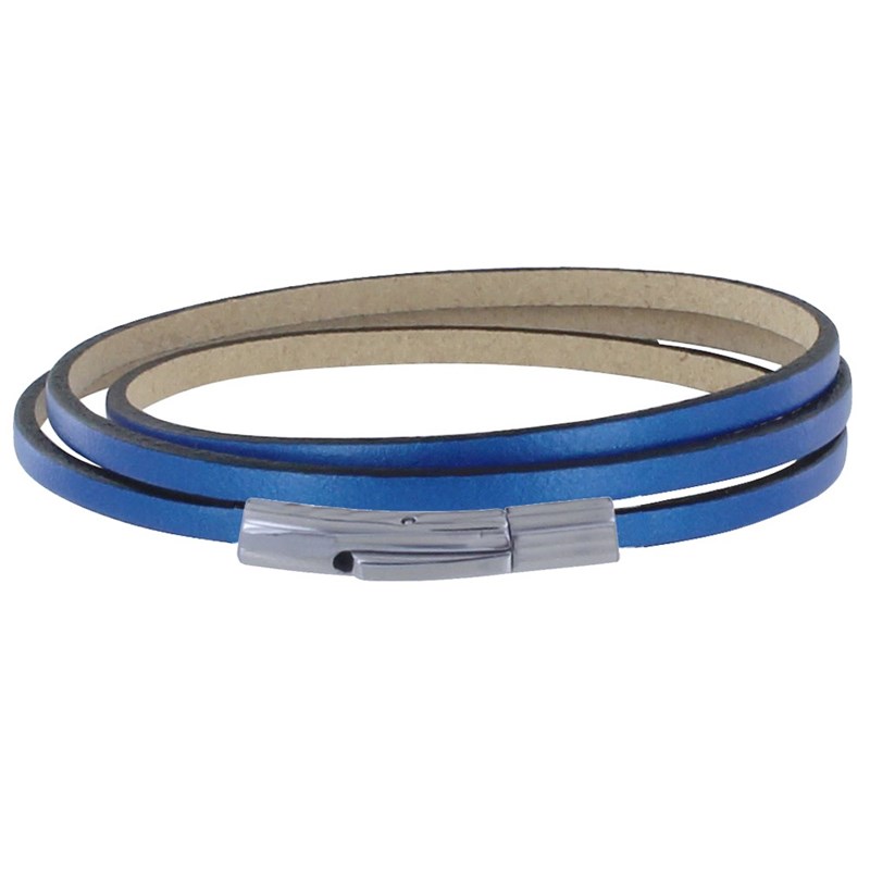 Bracelet Femme Cuir Plat Fermoir Acier Inoxydable - Classics - Bleu