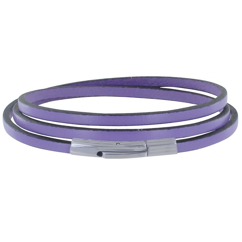 Bracelet Femme Cuir Plat Fermoir Acier Inoxydable - Classics - Violet clair