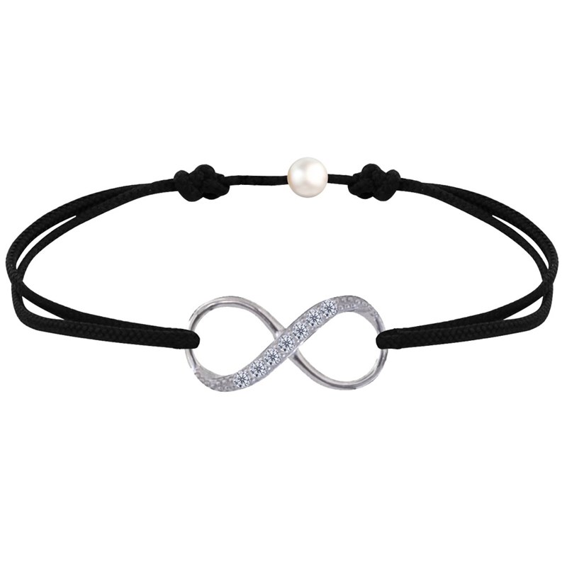 Bracelet Lien Argent 925 Infini et Strass - Noir