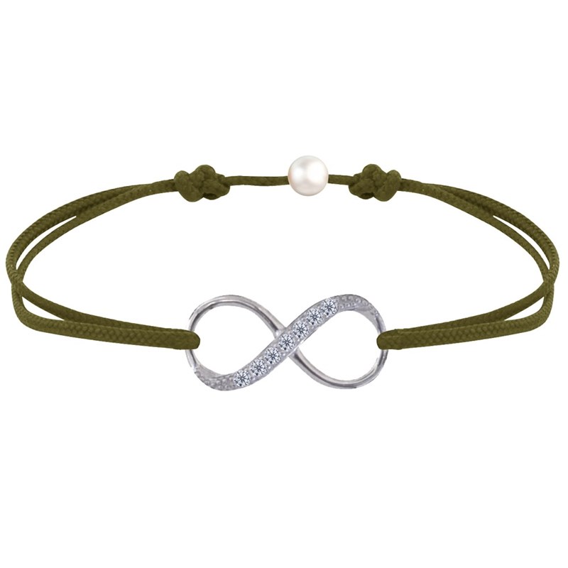 Bracelet Lien Argent 925 Infini et Strass - Vert kaki