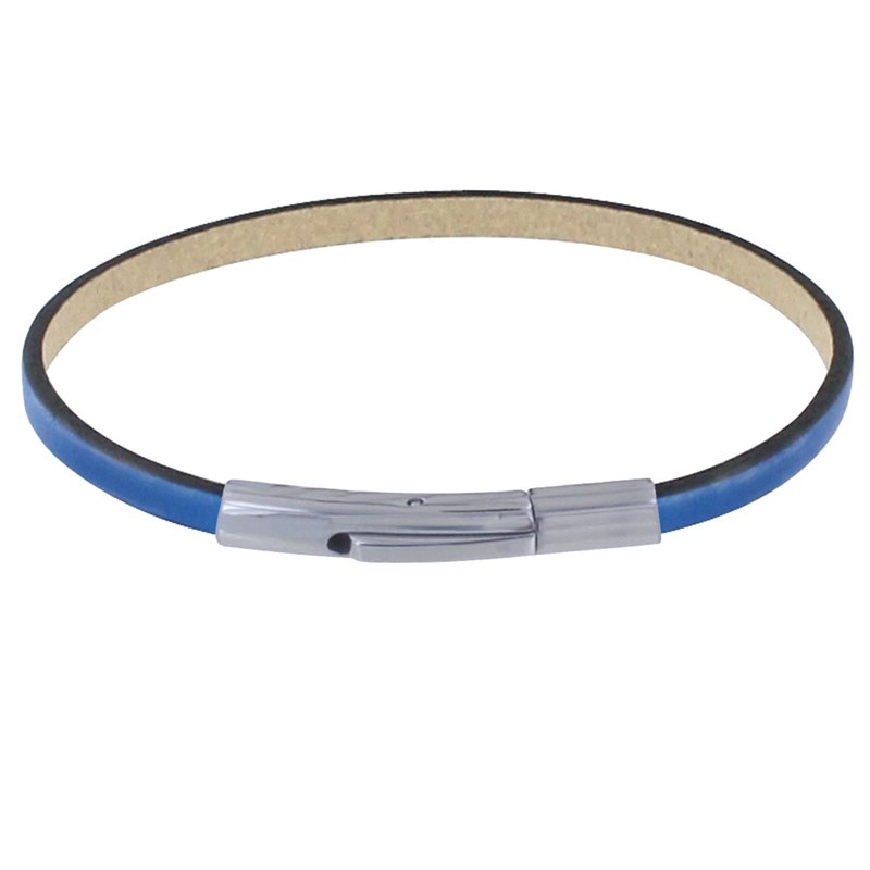 Bracelet Femme Cuir Simple Plat Fermoir Acier Inoxydable - Bleu