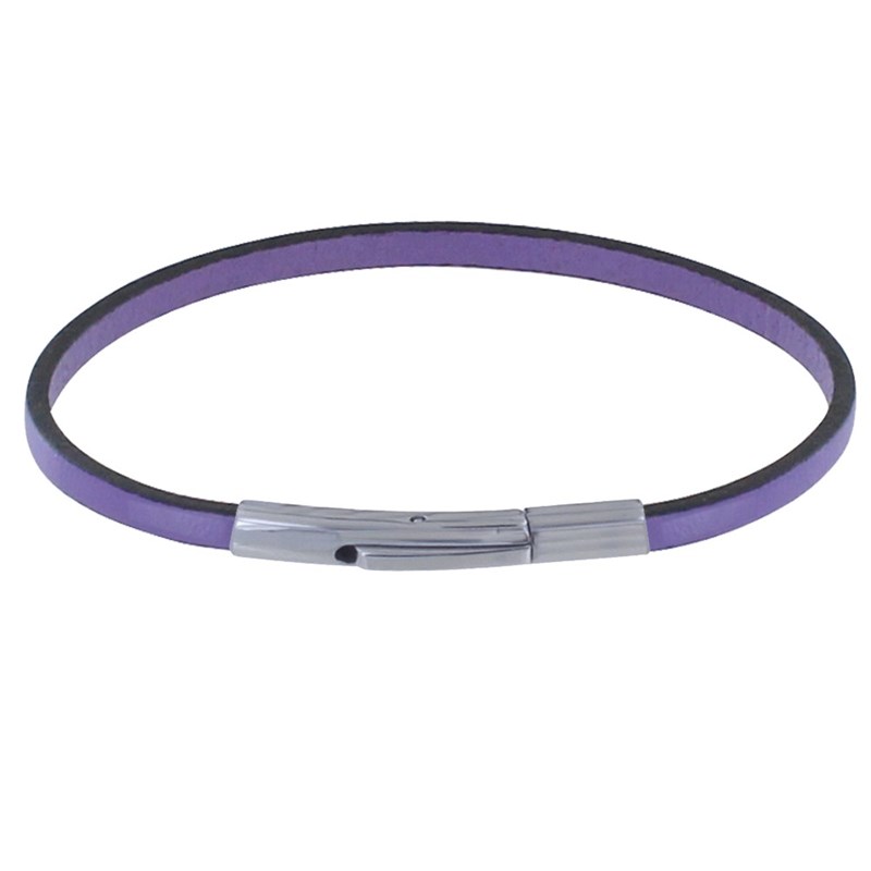 Bracelet Femme Cuir Simple Plat Fermoir Acier Inoxydable - Violet clair