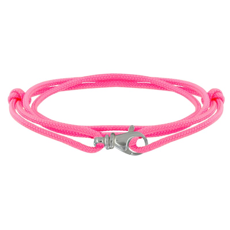 Bracelet Mixte Argent 925 Mousqueton Pivotant et Lien en Paracorde - Rose Fluo