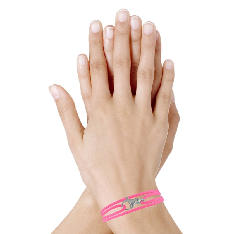 Bracelet Mixte Argent 925 Mousqueton Pivotant et Lien en Paracorde - Rose Fluo - vue 2