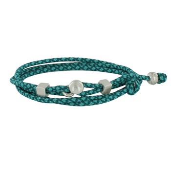 Bracelet Homme Métal Argenté Cubes Fermoir Bouton et Lien en Paracorde - Bleu Vert