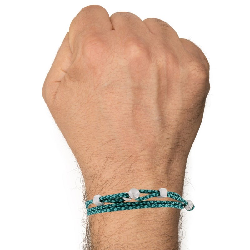 Bracelet Homme Métal Argenté Cubes Fermoir Bouton et Lien en Paracorde - Bleu Vert - vue 2