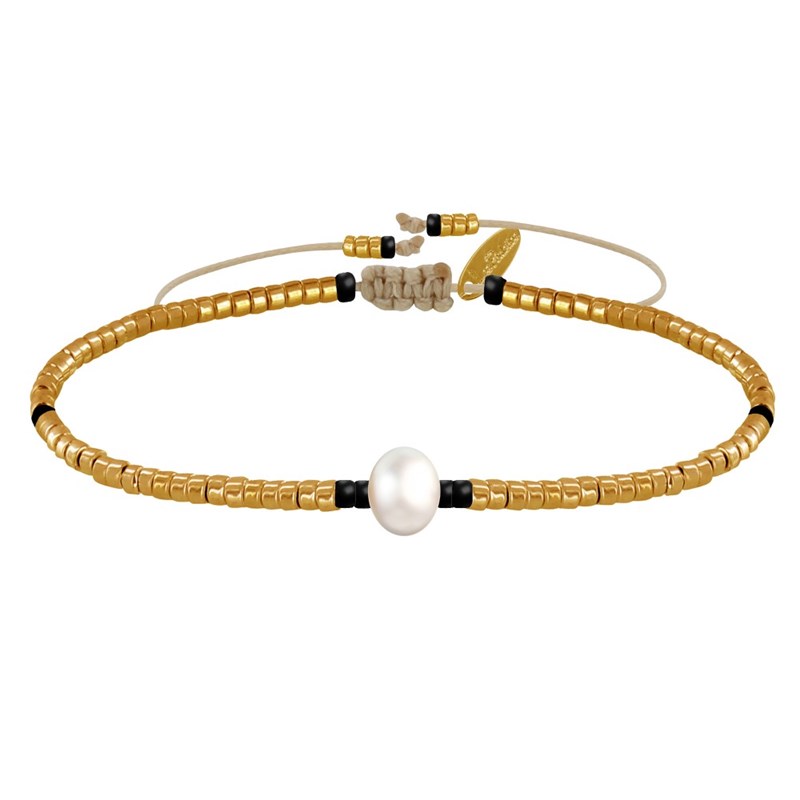 Bracelet Lien Perle d'Eau Douce Blanche et Petites Perles Brillantes - Or