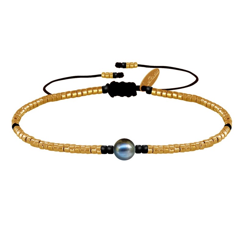 Bracelet Lien Perle d'Eau Douce Noire et Petites Perles Brillantes - Or