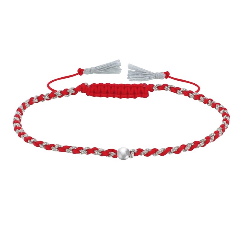 Bracelet Lien Tréssé Rond Bicolore Lurex et Une Perle Argent 925 - Rouge