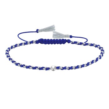 Bracelet Lien Tréssé Rond Bicolore Lurex et Une Perle Argent 925 - Bleu Navy