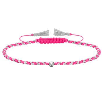 Bracelet Lien Tréssé Rond Bicolore Lurex et Une Perle Argent 925 - Rose Fluo