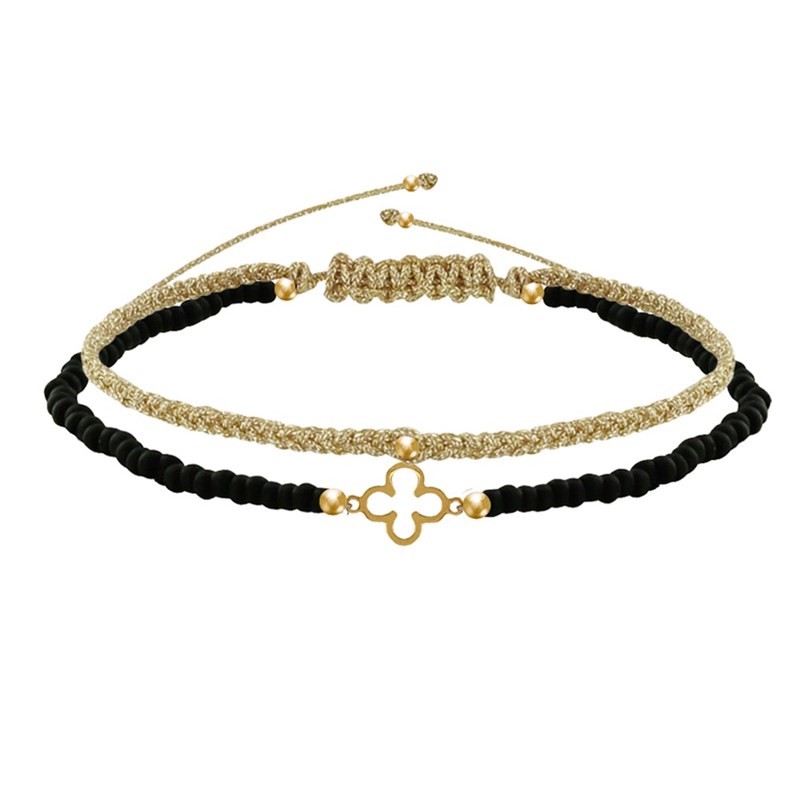 Bracelet Duo Trèfle Or 9 Carats Perles et Lien Tréssé Doré - Noir