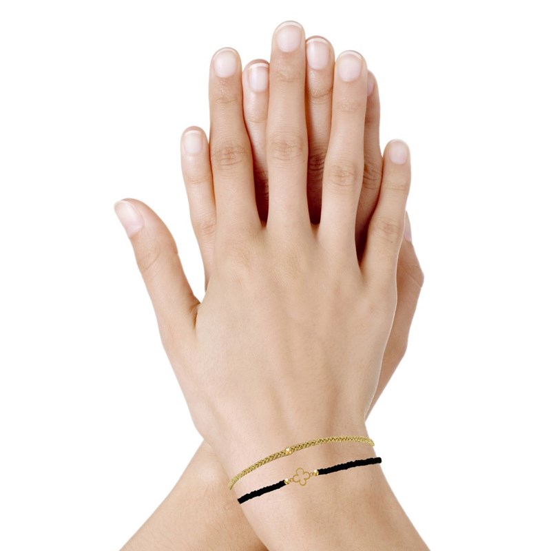 Bracelet Duo Trèfle Or 9 Carats Perles et Lien Tréssé Doré - Noir - vue 2