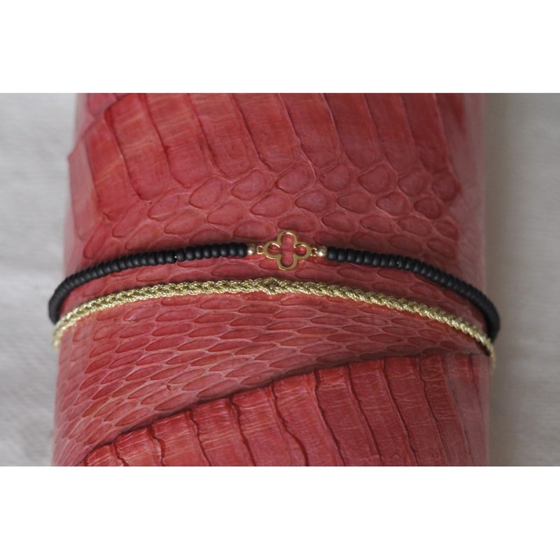 Bracelet Duo Trèfle Or 9 Carats Perles et Lien Tréssé Doré - Noir - vue 3