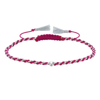 Bracelet Lien Tréssé Rond Bicolore Lurex et Une Perle Argent 925 - Fuchsia